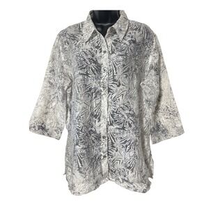 Chicos Design Women's Shirt‎ 3/4 Sleeve Button Down Sheer Leaf Print Size 2 L 12